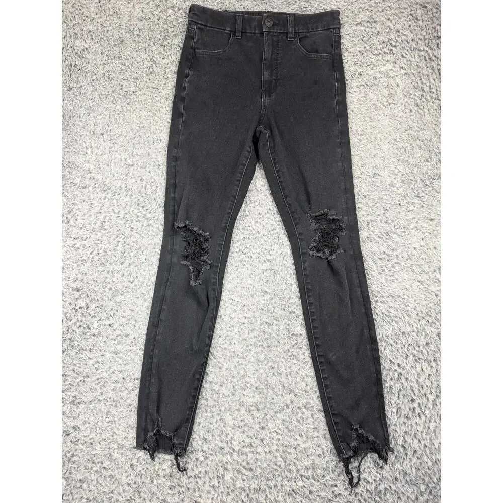 American Eagle Jeans Women 4 Black Distressed Denim Curvy Super Hi Rise Jegging - Picture 3 of 11